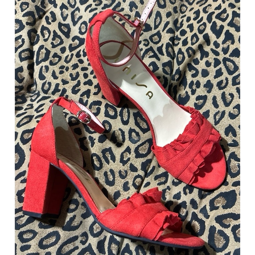 Unisa Red‎ Suede Ruffle Open Toe Chunky Heels, Size 7